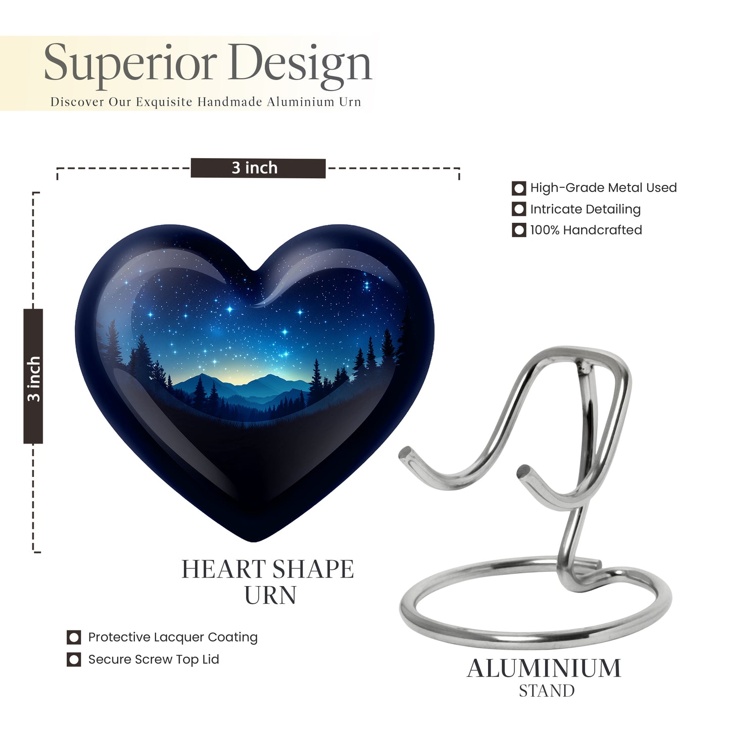 Midnight Black Blue Cremation Urn front view showing detailed design - romantic heart urn with blue motif on aluminum - mini keepsake memorial for portion of cremation ashes