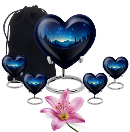 Charcoal Black Blue Cremation Urn close-up of engraving and surface detail - compassionate heart-blue combination with gentle curves - memorial set with one large and four small urns