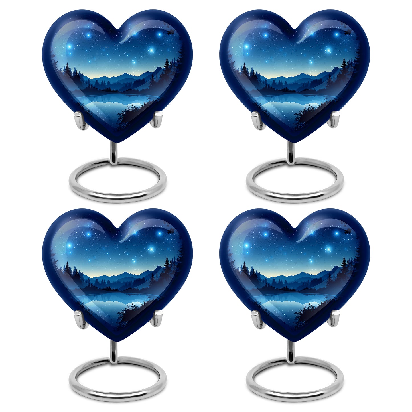 Steel Blue Blue Cremation Urn angled view of lid and engraved motif - romantic heart urn with blue motif on aluminum - 10 inch aluminum urn for cremated remains