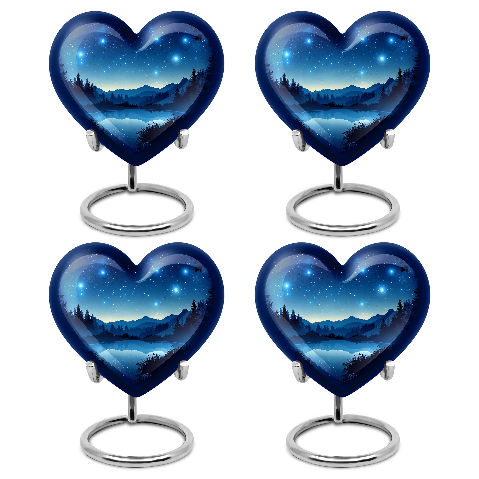 Steel Blue Blue Cremation Urn angled view of lid and engraved motif - romantic heart urn with blue motif on aluminum - 10 inch aluminum urn for cremated remains
