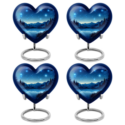 Steel Blue Blue Cremation Urn angled view of lid and engraved motif - romantic heart urn with blue motif on aluminum - 10 inch aluminum urn for cremated remains