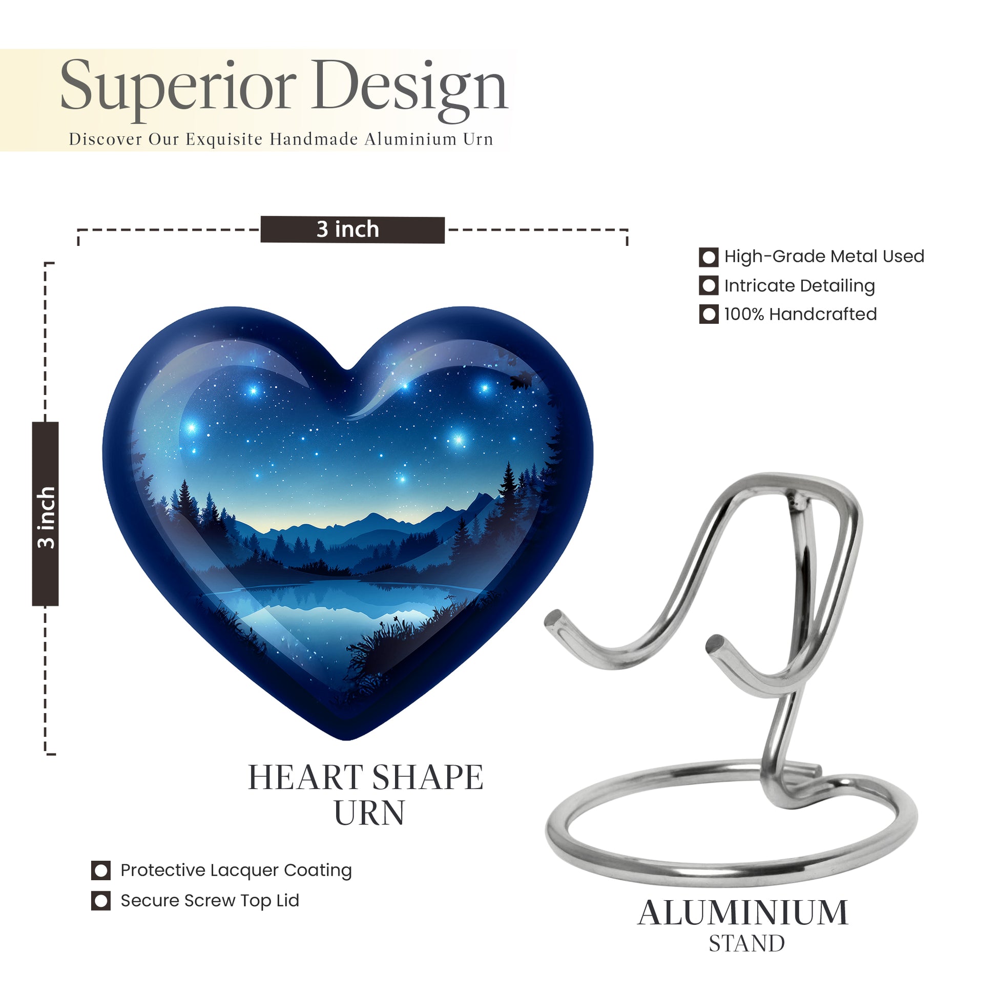 Celestial Blue Blue Cremation Urn front view showing detailed design - heart-shaped blue design symbolizing eternal love - mini keepsake memorial for portion of cremation ashes