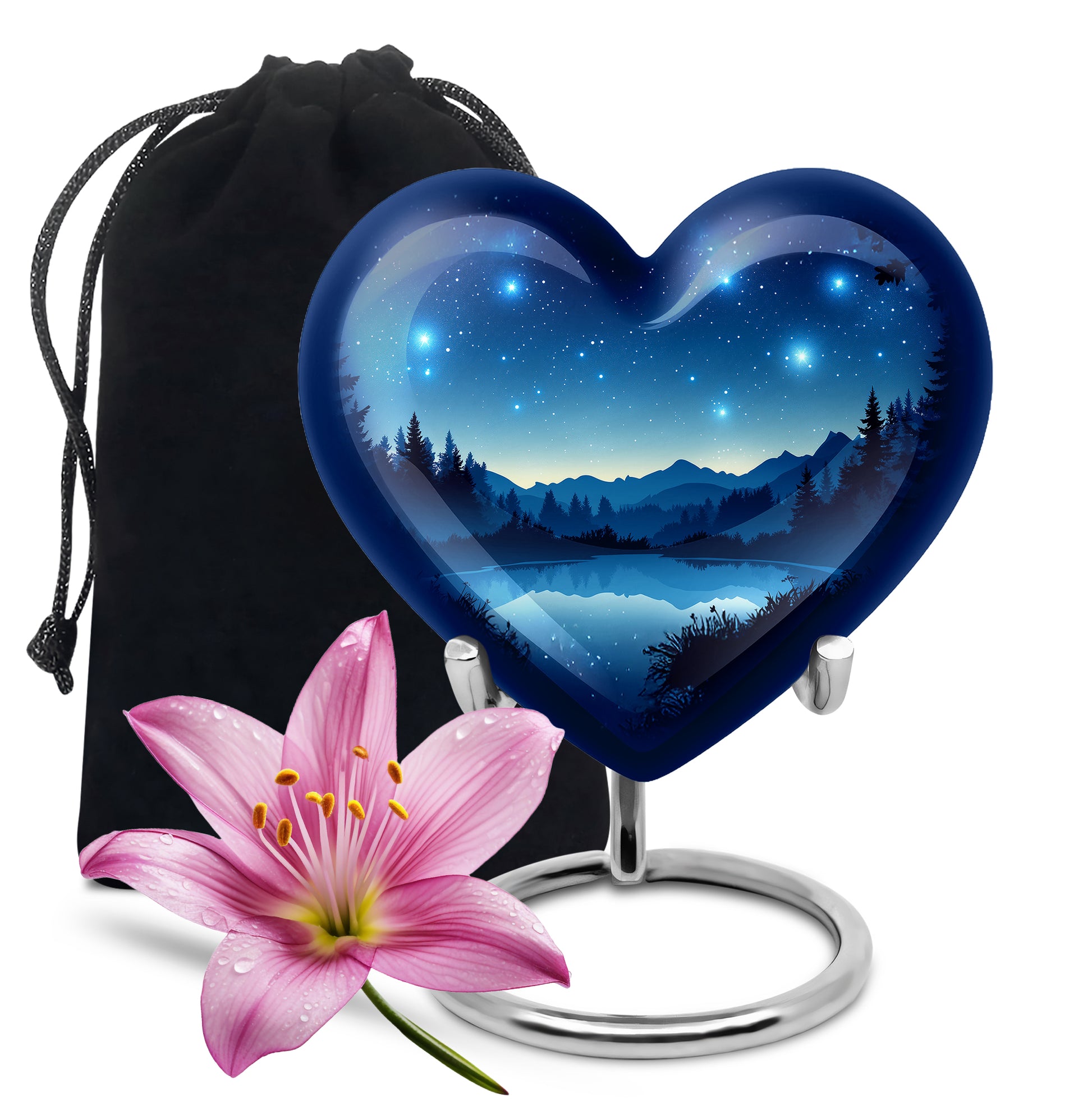 Steel Blue Blue Cremation Urn detail view - romantic heart urn with blue motif on aluminum - full-size 10 inch 200 cubic inch adult cremation urn