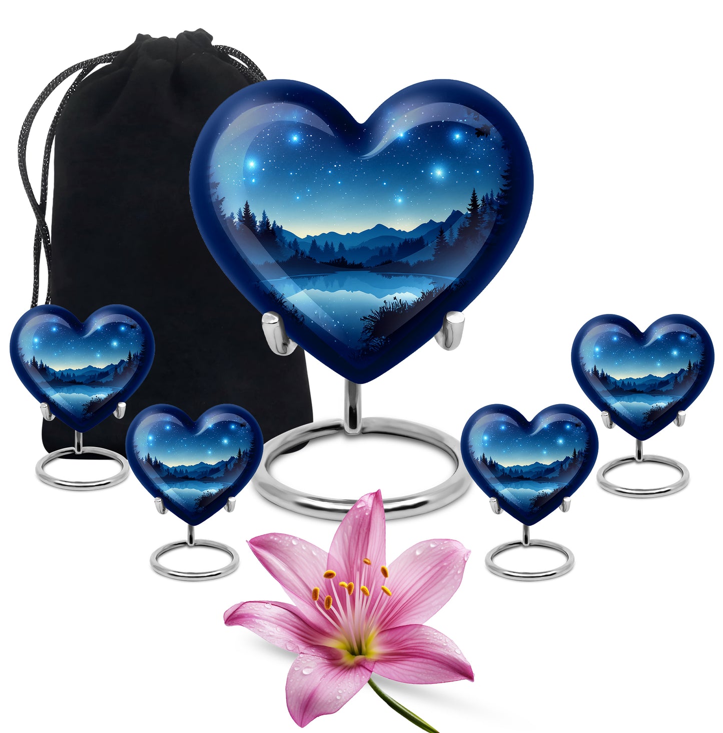 Slate Blue Blue Cremation Urn close-up of engraving and surface detail - heart-shaped blue design symbolizing eternal love - memorial set with one large and four small urns