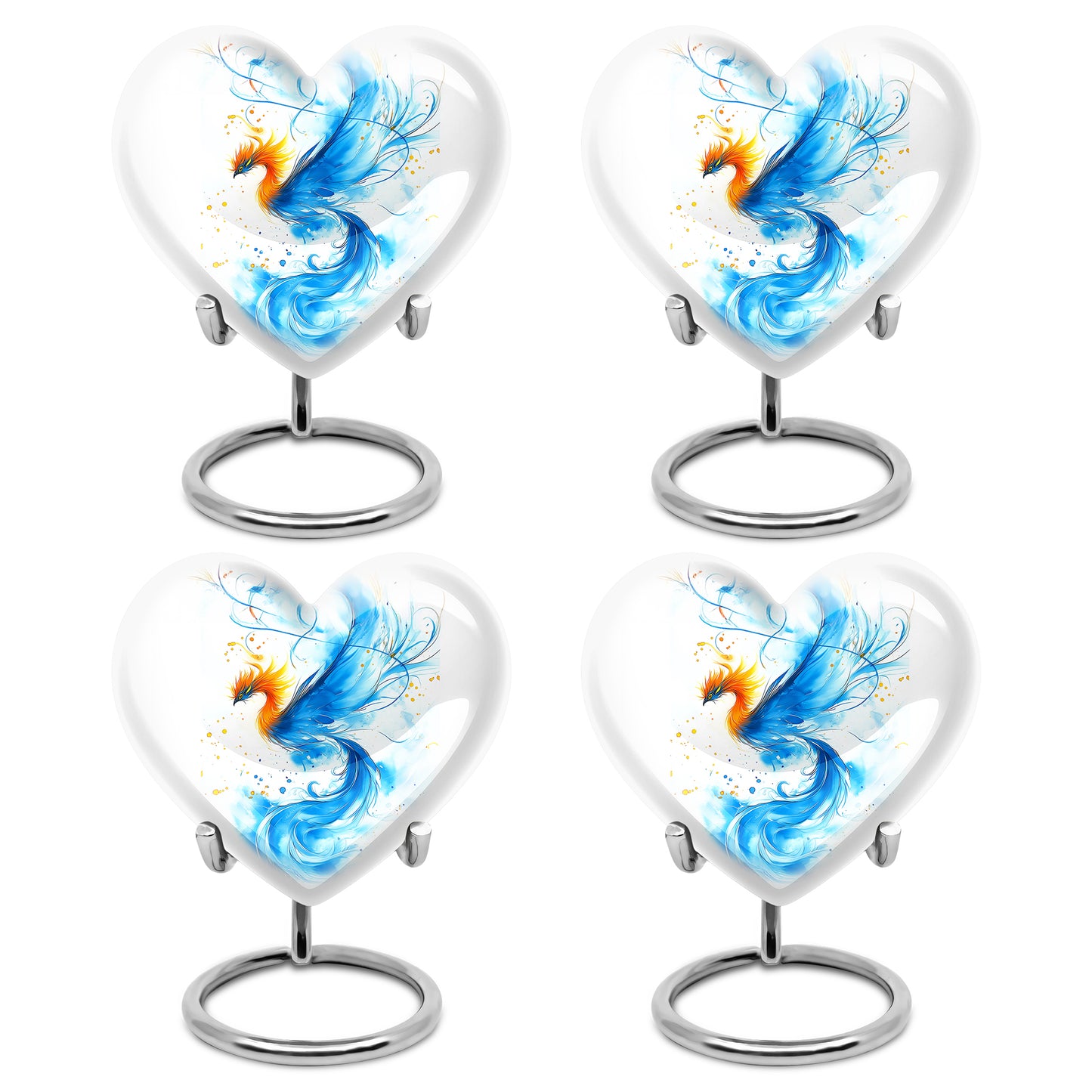 Chrome Silver Blue Cremation Urn angled view of lid and engraved motif - compassionate heart-blue combination with gentle curves - 10 inch aluminum urn for cremated remains