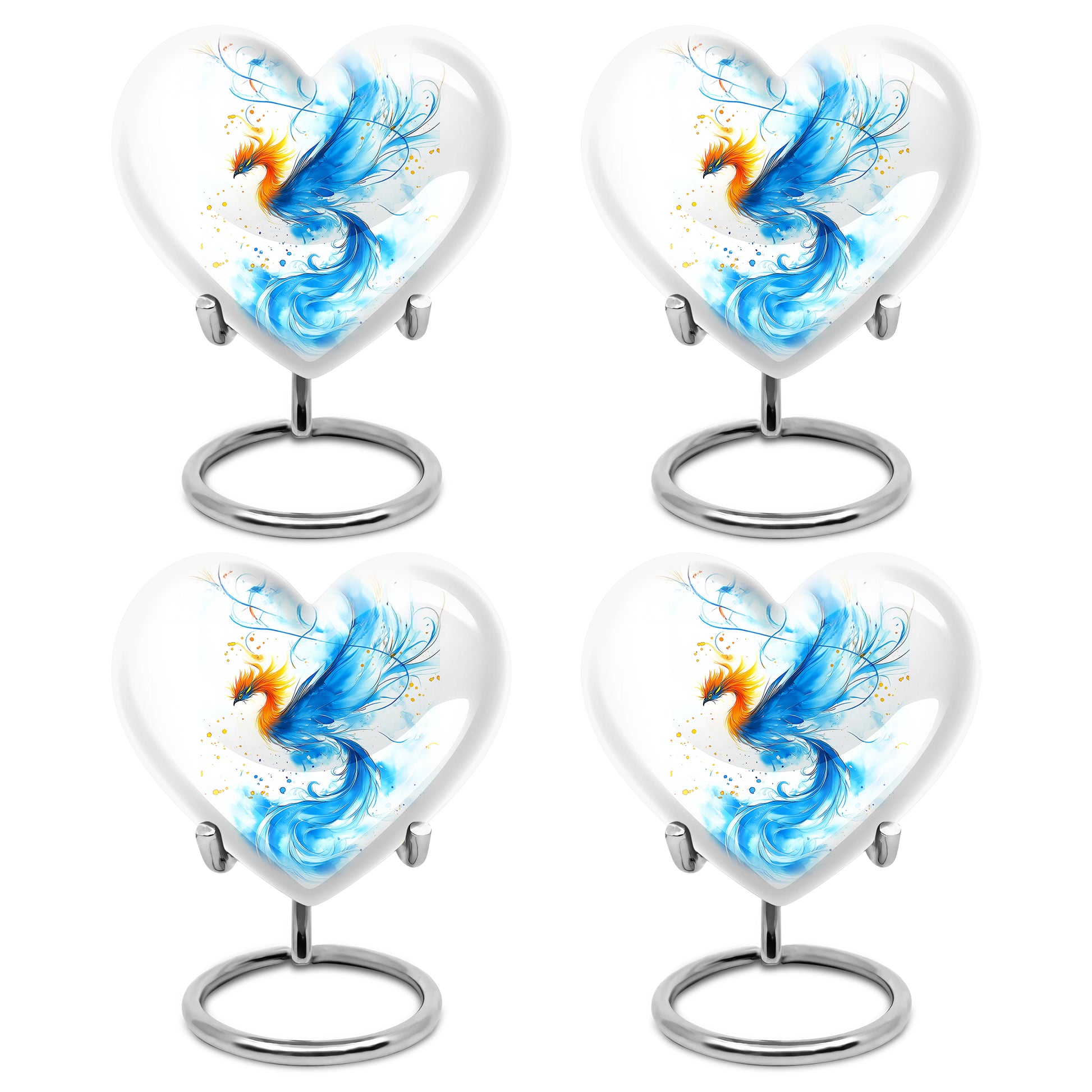 Chrome Silver Blue Cremation Urn angled view of lid and engraved motif - compassionate heart-blue combination with gentle curves - 10 inch aluminum urn for cremated remains