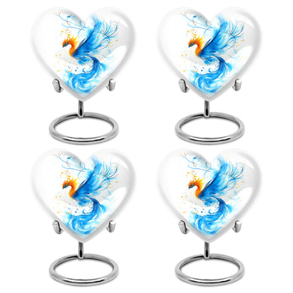Chrome Silver Blue Cremation Urn angled view of lid and engraved motif - compassionate heart-blue combination with gentle curves - 10 inch aluminum urn for cremated remains