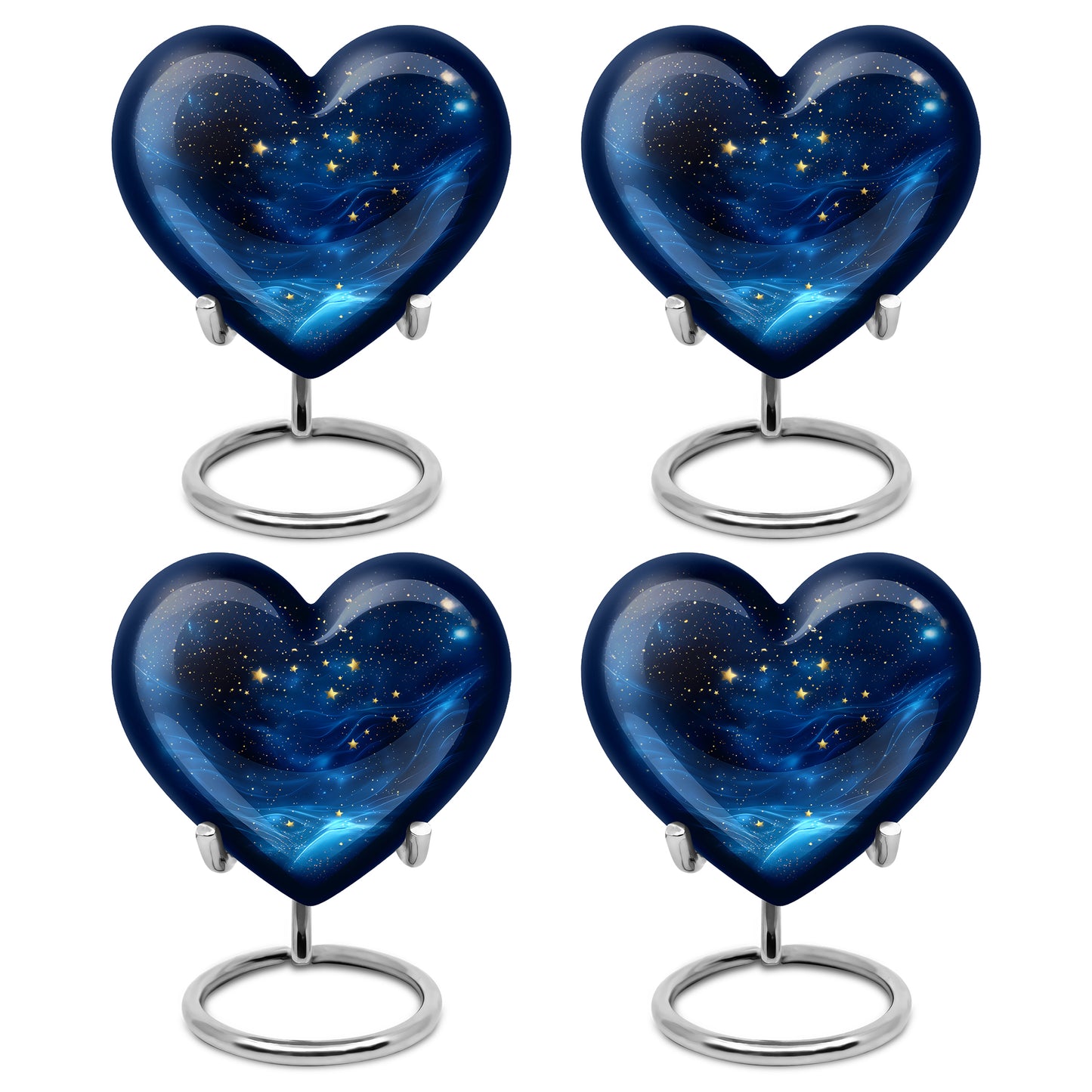 Ebony Blue Cremation Urn angled view of lid and engraved motif - heart-shaped blue design symbolizing eternal love - 10 inch aluminum urn for cremated remains
