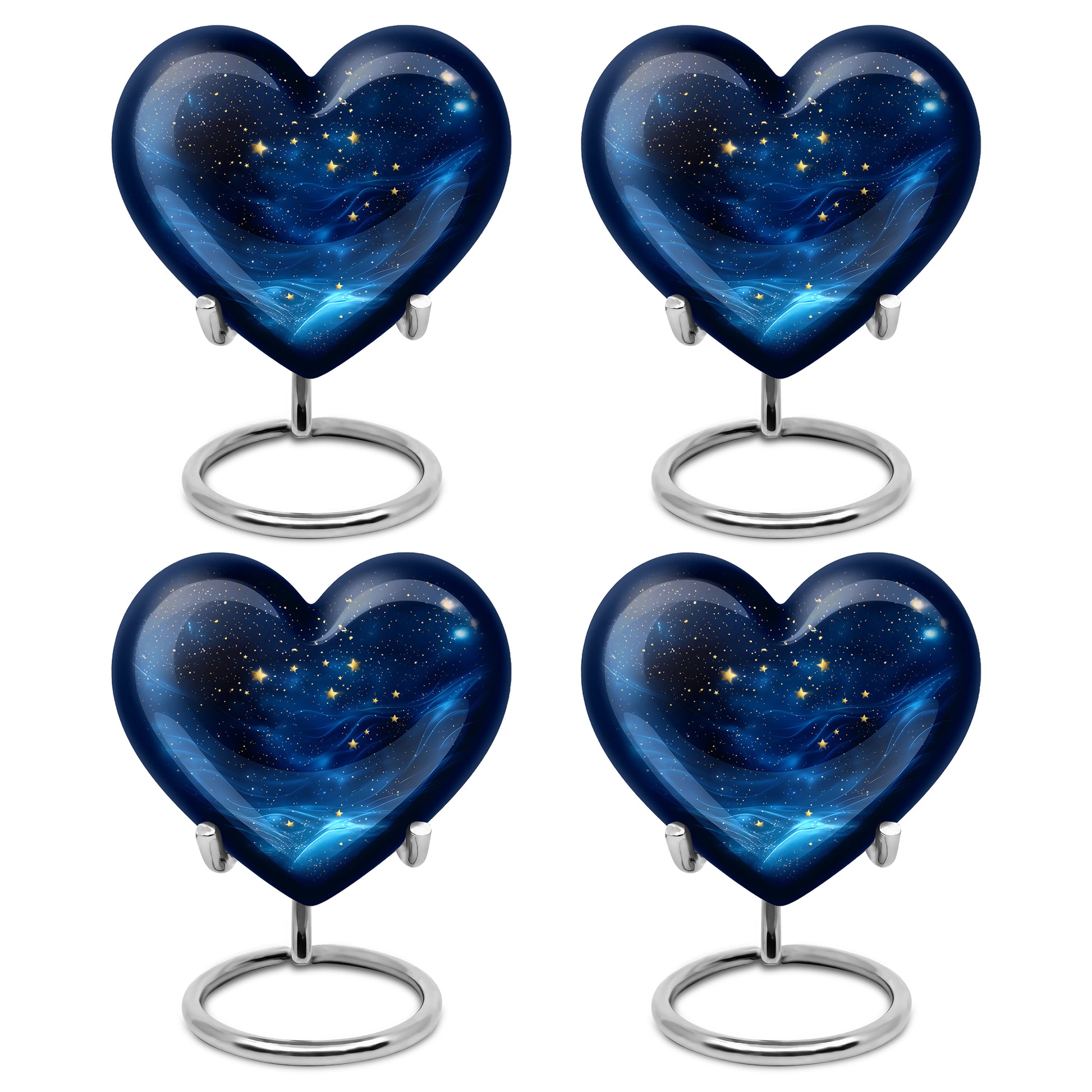Ebony Blue Cremation Urn angled view of lid and engraved motif - heart-shaped blue design symbolizing eternal love - 10 inch aluminum urn for cremated remains