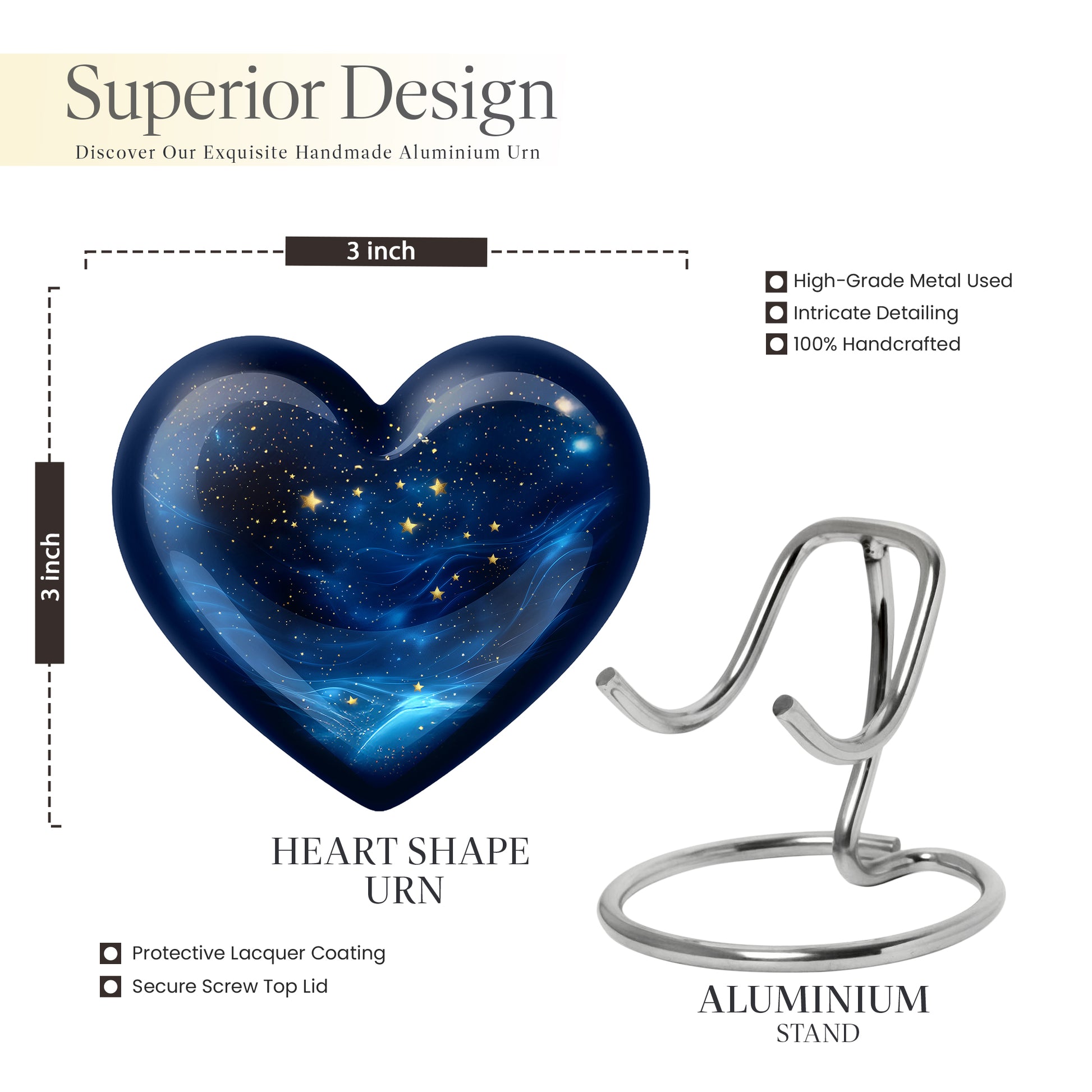 Jet Black Blue Cremation Urn front view showing detailed design - heart-shaped blue design symbolizing eternal love - mini keepsake memorial for portion of cremation ashes