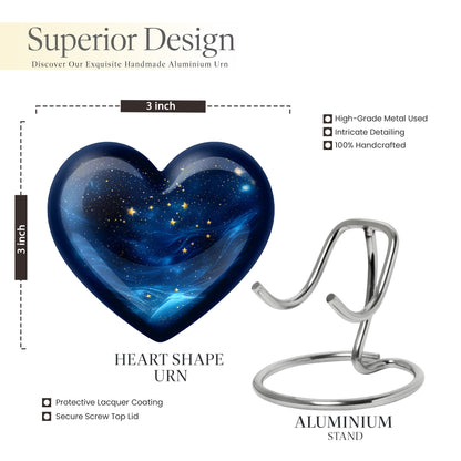 Jet Black Blue Cremation Urn front view showing detailed design - heart-shaped blue design symbolizing eternal love - mini keepsake memorial for portion of cremation ashes