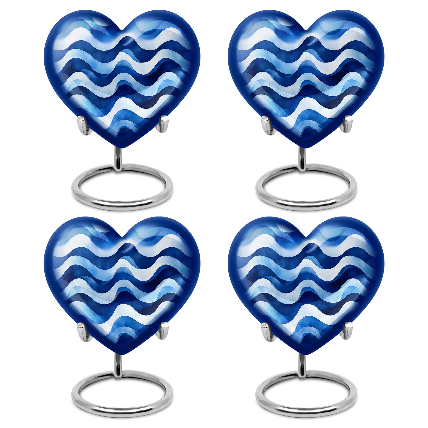 Misty Blue Blue Cremation Urn angled view of lid and engraved motif - heart-shaped blue design symbolizing eternal love - 10 inch aluminum urn for cremated remains