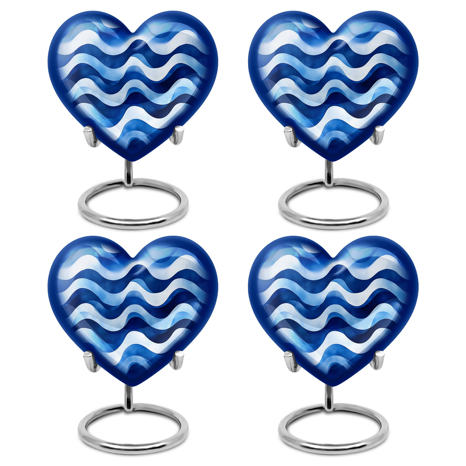 Misty Blue Blue Cremation Urn angled view of lid and engraved motif - heart-shaped blue design symbolizing eternal love - 10 inch aluminum urn for cremated remains