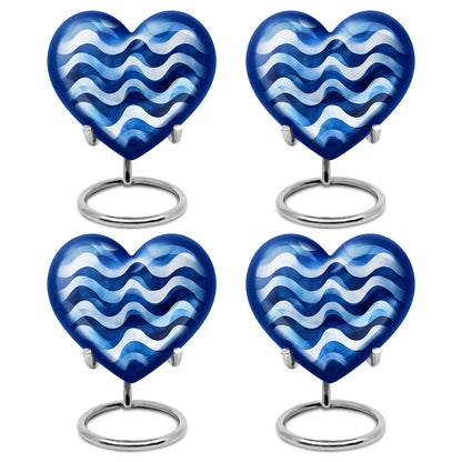 Misty Blue Blue Cremation Urn angled view of lid and engraved motif - heart-shaped blue design symbolizing eternal love - 10 inch aluminum urn for cremated remains