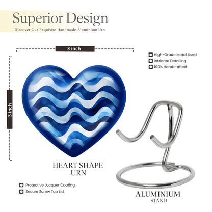 Calming Blue Blue Cremation Urn front view showing detailed design - romantic heart urn with blue motif on aluminum - mini keepsake memorial for portion of cremation ashes
