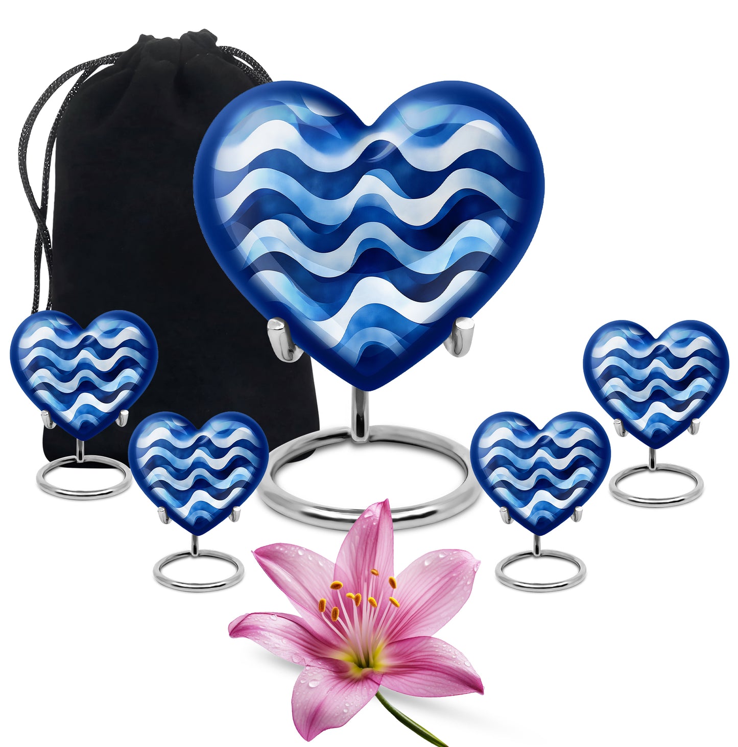 Misty Blue Blue Cremation Urn close-up of engraving and surface detail - heart-shaped blue design symbolizing eternal love - memorial set with one large and four small urns