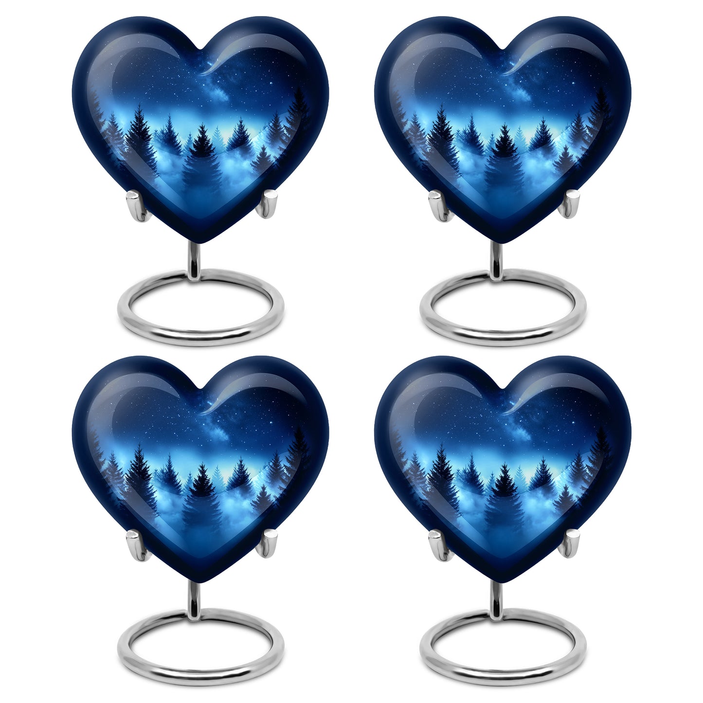 Indigo Blue Cremation Urn angled view of lid and engraved motif - loving heart memorial featuring blue pattern - 10 inch aluminum urn for cremated remains