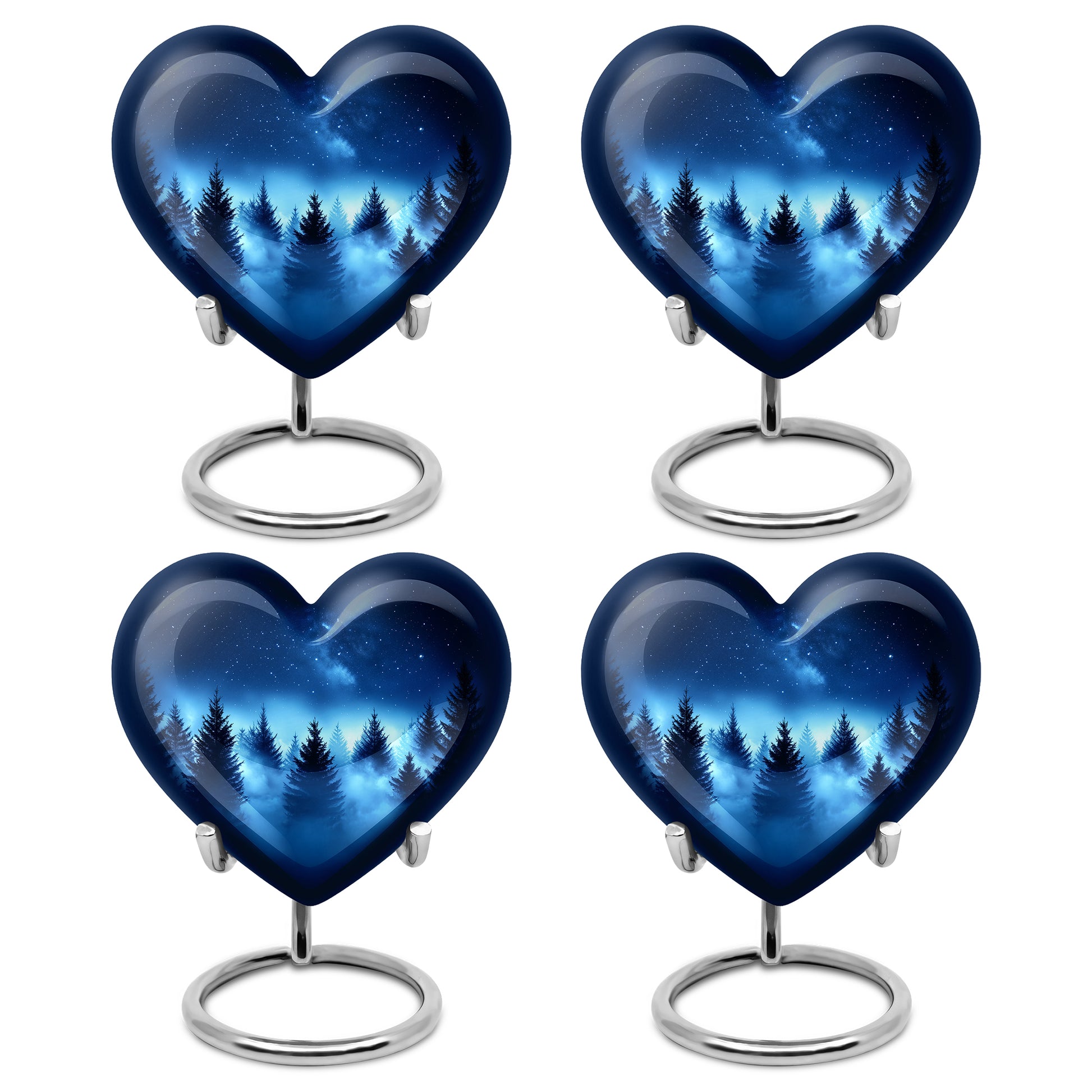 Indigo Blue Cremation Urn angled view of lid and engraved motif - loving heart memorial featuring blue pattern - 10 inch aluminum urn for cremated remains