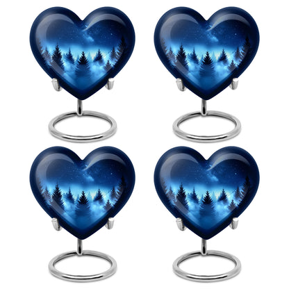 Indigo Blue Cremation Urn angled view of lid and engraved motif - loving heart memorial featuring blue pattern - 10 inch aluminum urn for cremated remains