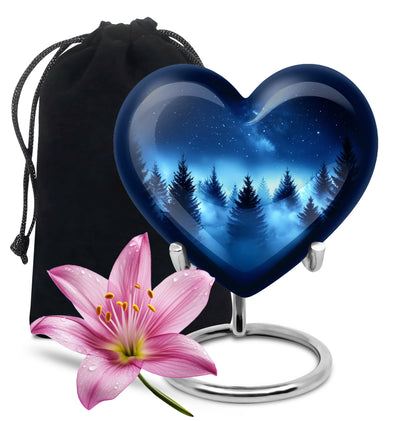 Bright Blue Blue Cremation Urn detail view - romantic heart urn with blue motif on aluminum - full-size 10 inch 200 cubic inch adult cremation urn