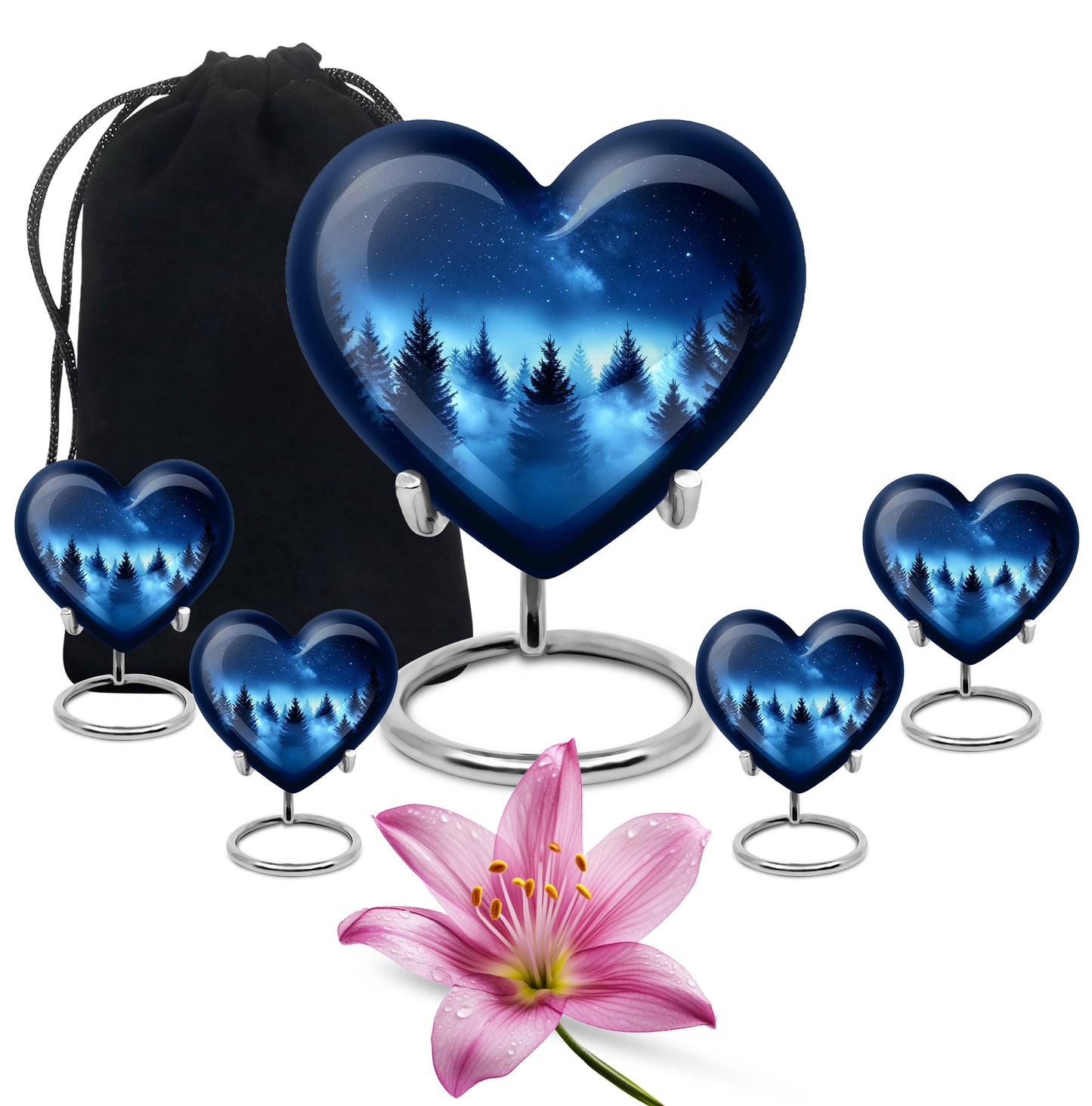 Steel Blue Blue Cremation Urn close-up of engraving and surface detail - compassionate heart-blue combination with gentle curves - memorial set with one large and four small urns