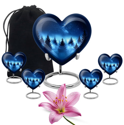Steel Blue Blue Cremation Urn close-up of engraving and surface detail - compassionate heart-blue combination with gentle curves - memorial set with one large and four small urns