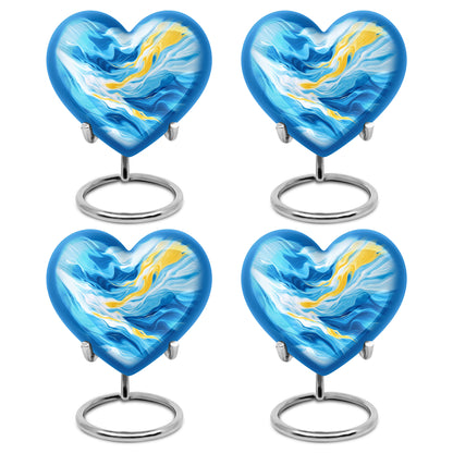 Dusty Blue Blue Cremation Urn angled view of lid and engraved motif - heart-shaped blue design symbolizing eternal love - 10 inch aluminum urn for cremated remains
