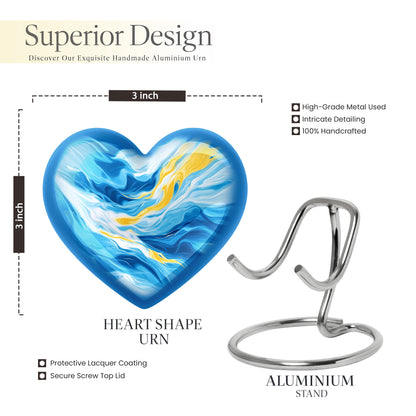 Steel Blue Blue Cremation Urn front view showing detailed design - romantic heart urn with blue motif on aluminum - mini keepsake memorial for portion of cremation ashes