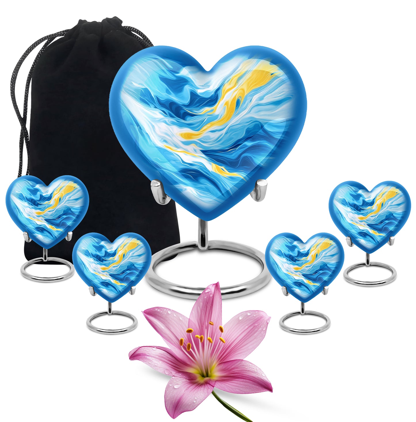 Bright Blue Blue Cremation Urn close-up of engraving and surface detail - romantic heart urn with blue motif on aluminum - memorial set with one large and four small urns