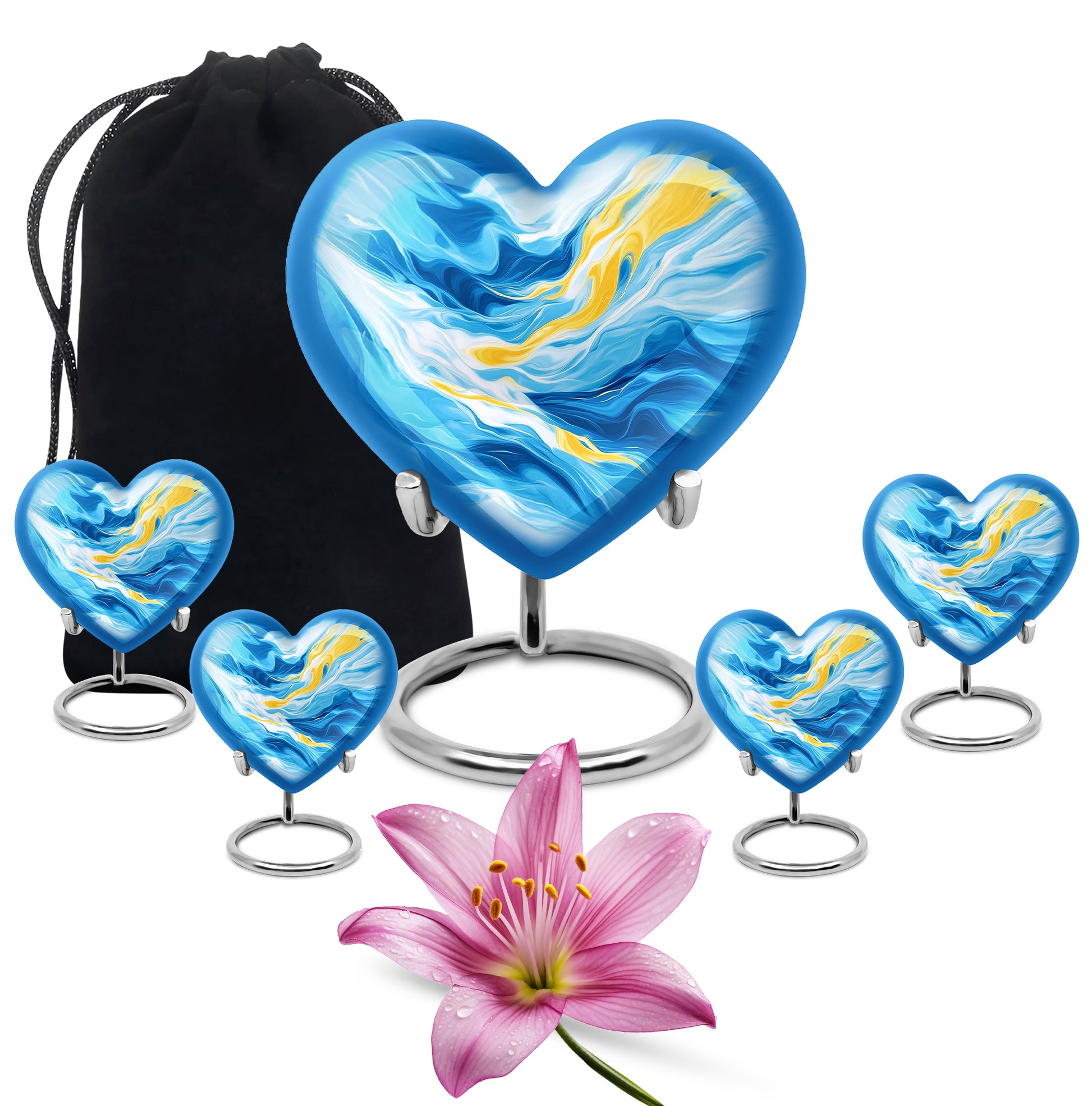 Bright Blue Blue Cremation Urn close-up of engraving and surface detail - romantic heart urn with blue motif on aluminum - memorial set with one large and four small urns