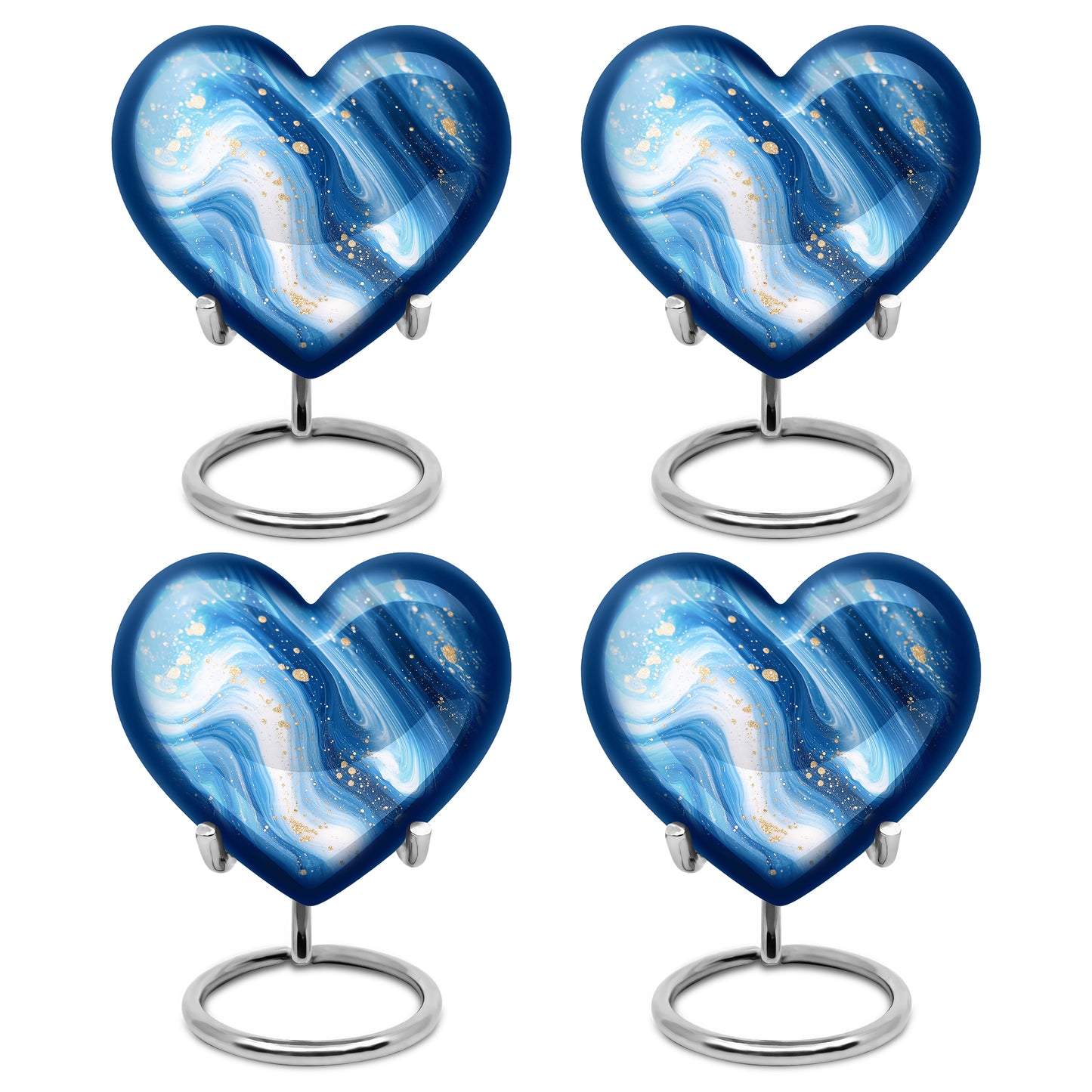 Cornflower Blue Blue Cremation Urn angled view of lid and engraved motif - compassionate heart-blue combination with gentle curves - 10 inch aluminum urn for cremated remains