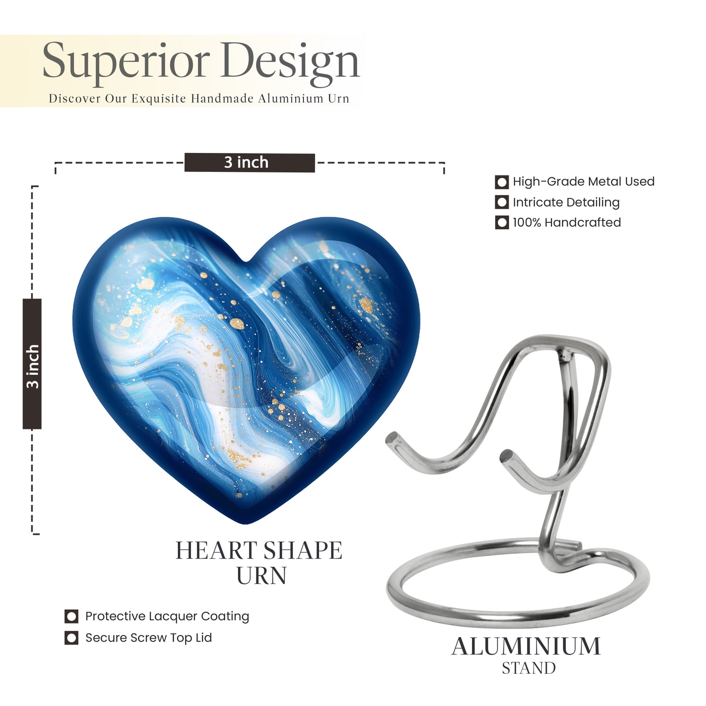 Azure Blue Cremation Urn front view showing detailed design - loving heart memorial featuring blue pattern - mini keepsake memorial for portion of cremation ashes