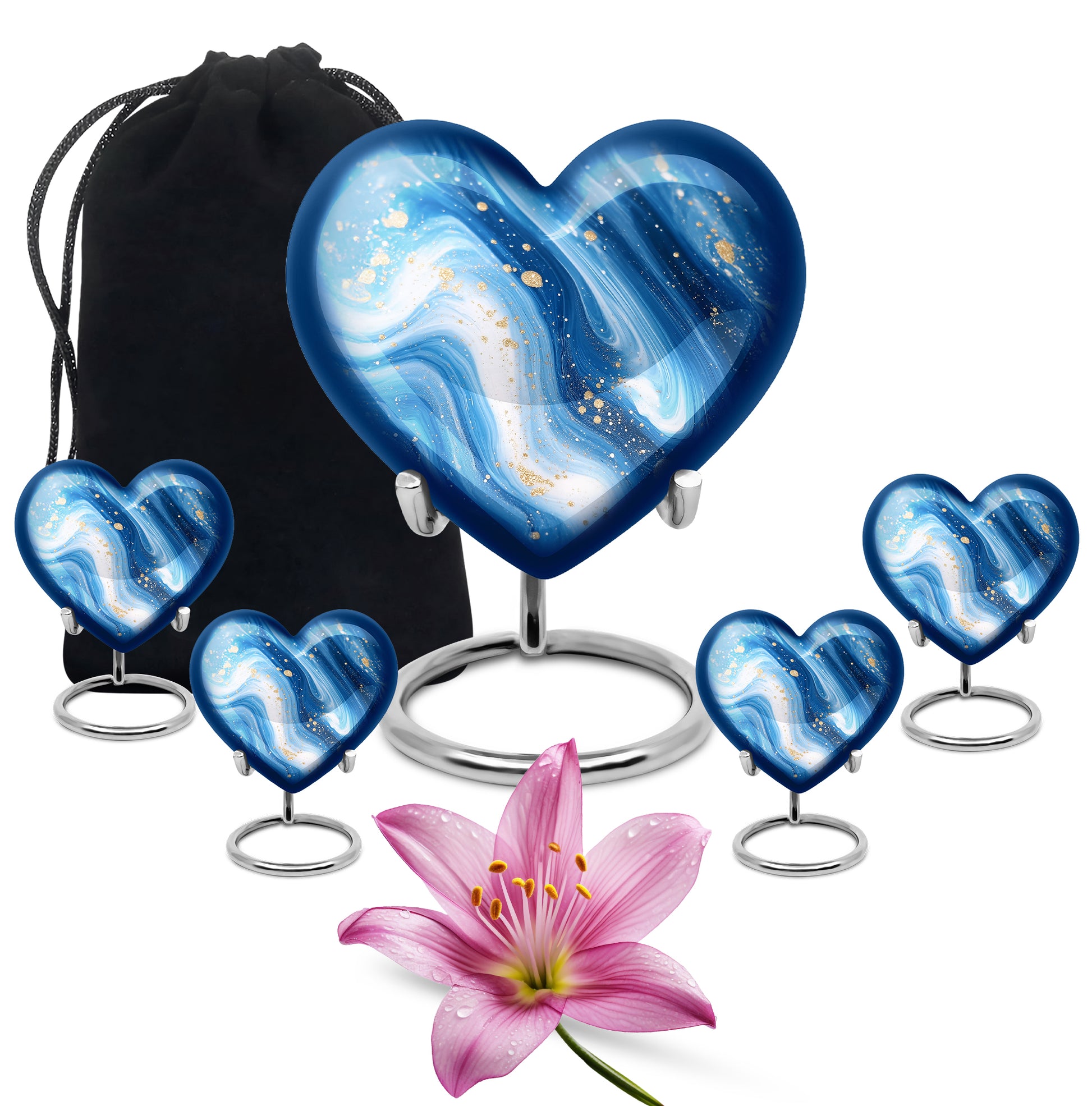 Celestial Blue Blue Cremation Urn close-up of engraving and surface detail - loving heart memorial featuring blue pattern - memorial set with one large and four small urns