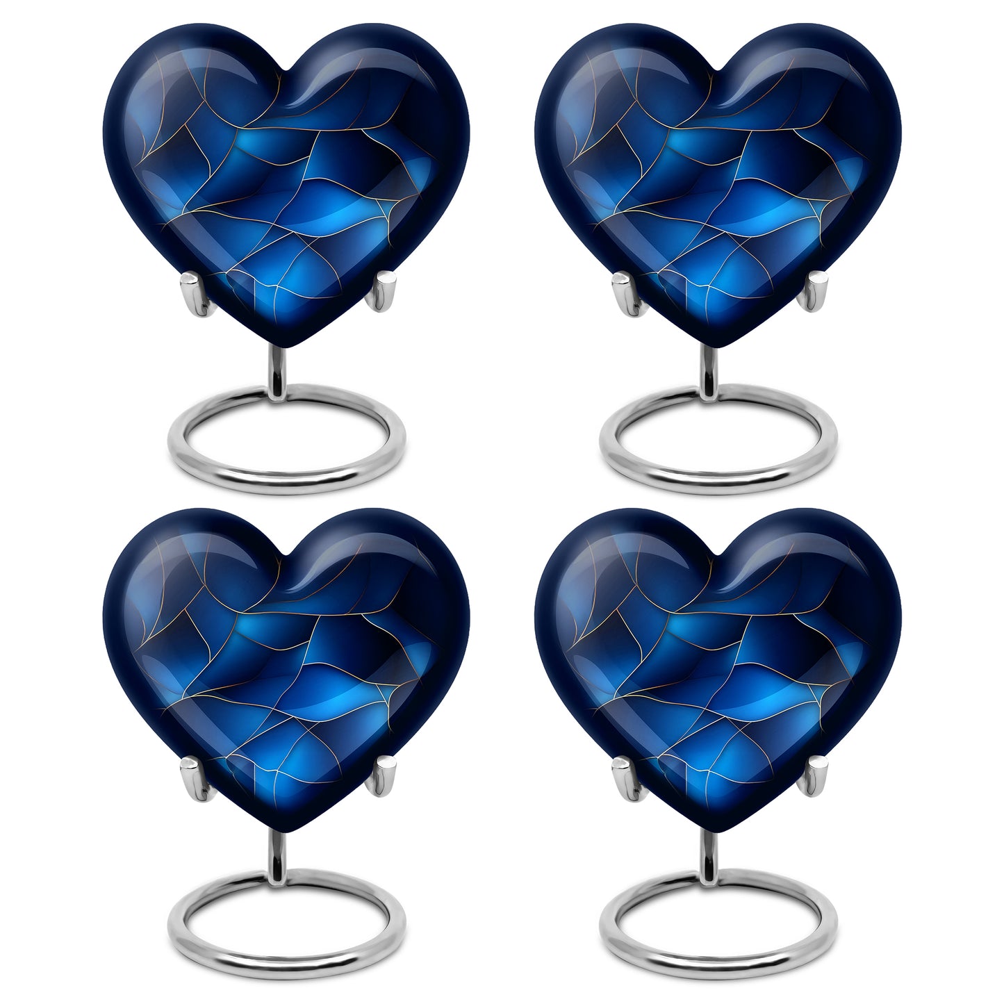 Sapphire Blue Blue Cremation Urn angled view of lid and engraved motif - compassionate heart-blue combination with gentle curves - 10 inch aluminum urn for cremated remains