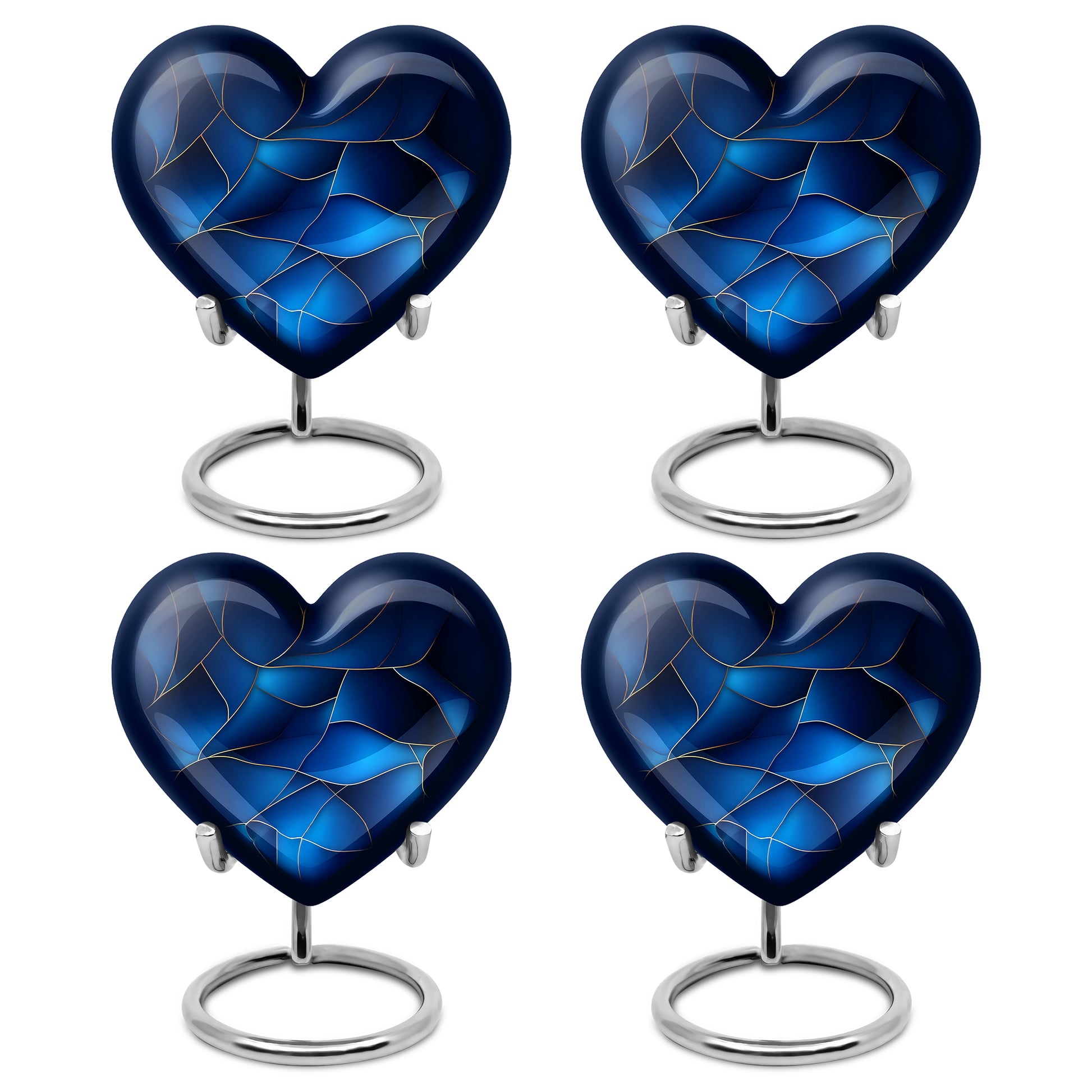 Sapphire Blue Blue Cremation Urn angled view of lid and engraved motif - compassionate heart-blue combination with gentle curves - 10 inch aluminum urn for cremated remains