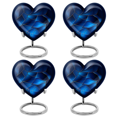 Sapphire Blue Blue Cremation Urn angled view of lid and engraved motif - compassionate heart-blue combination with gentle curves - 10 inch aluminum urn for cremated remains