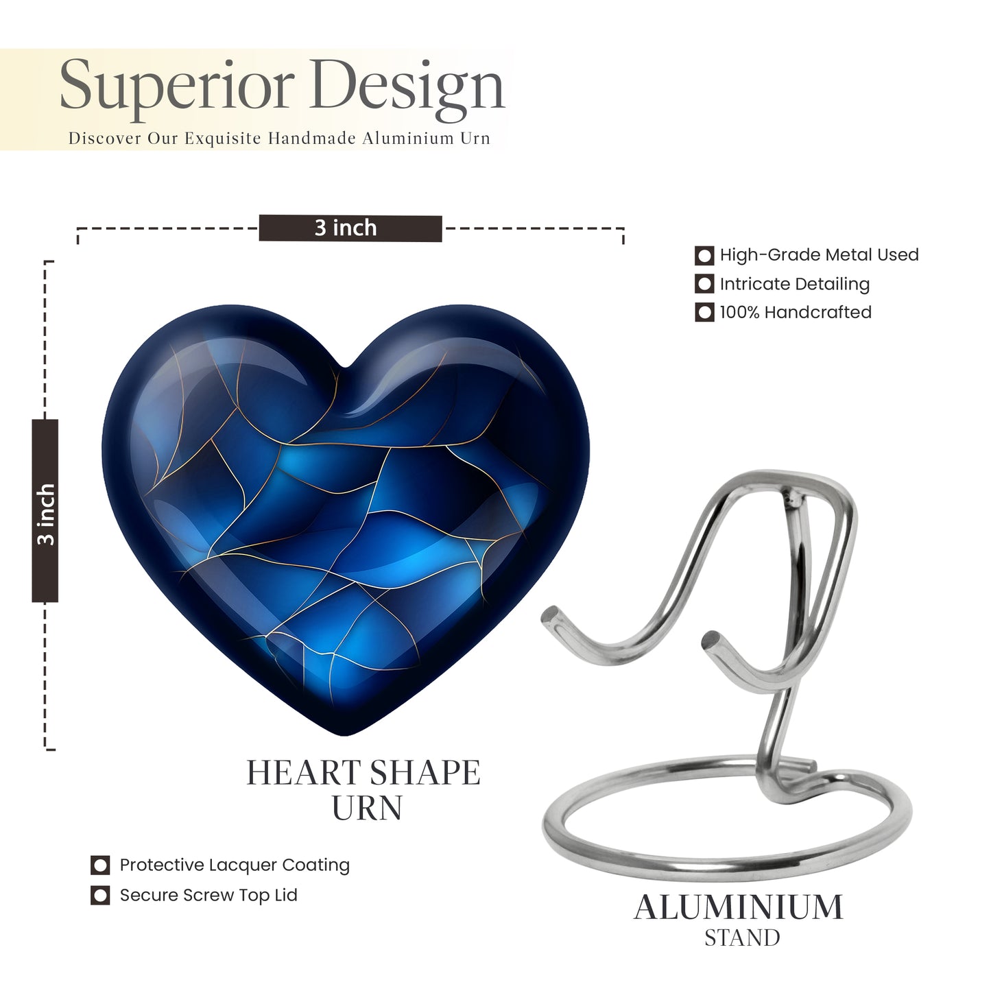 Bright Blue Blue Cremation Urn front view showing detailed design - compassionate heart-blue combination with gentle curves - mini keepsake memorial for portion of cremation ashes