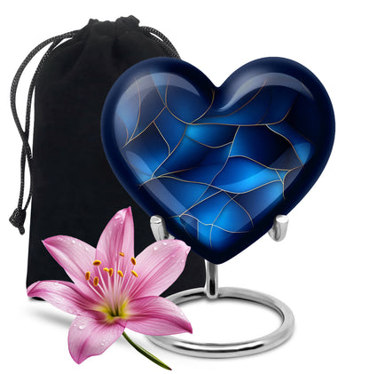 Navy Blue Blue Cremation Urn detail view - loving heart memorial featuring blue pattern - full-size 10 inch 200 cubic inch adult cremation urn
