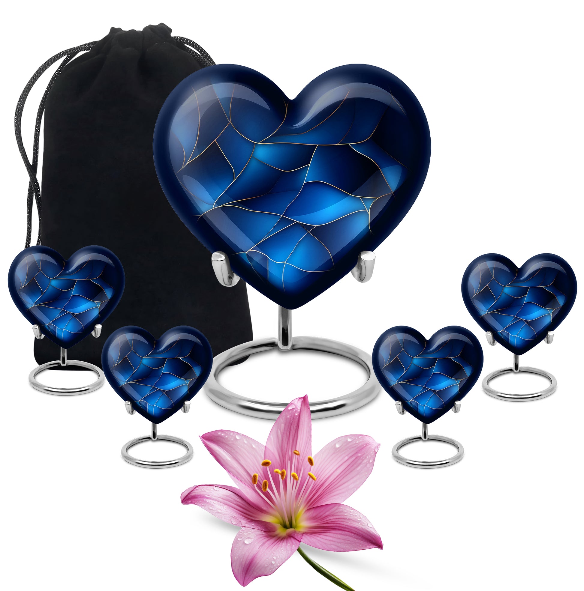Vivid Blue Blue Cremation Urn close-up of engraving and surface detail - romantic heart urn with blue motif on aluminum - memorial set with one large and four small urns