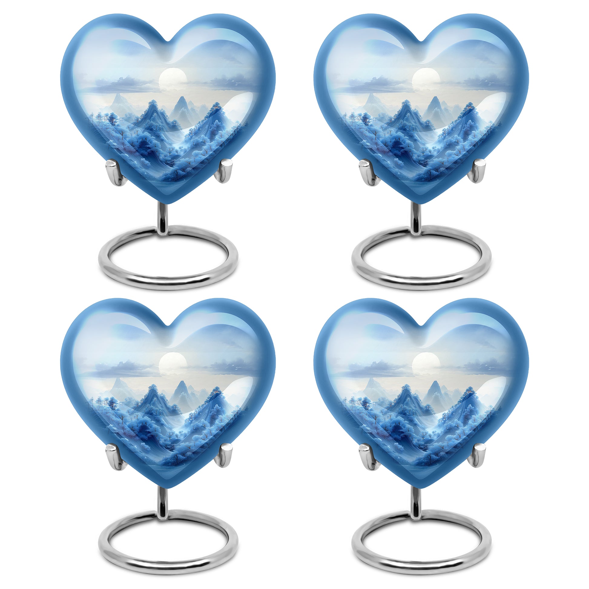 Polished Silver Blue Cremation Urn angled view of lid and engraved motif - romantic heart urn with blue motif on aluminum - 10 inch aluminum urn for cremated remains