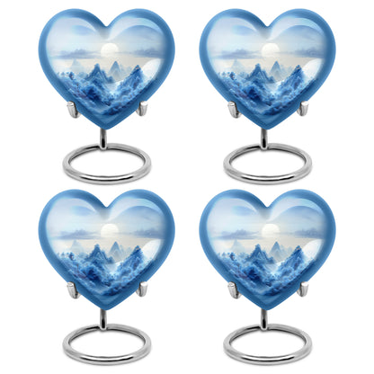 Polished Silver Blue Cremation Urn angled view of lid and engraved motif - romantic heart urn with blue motif on aluminum - 10 inch aluminum urn for cremated remains