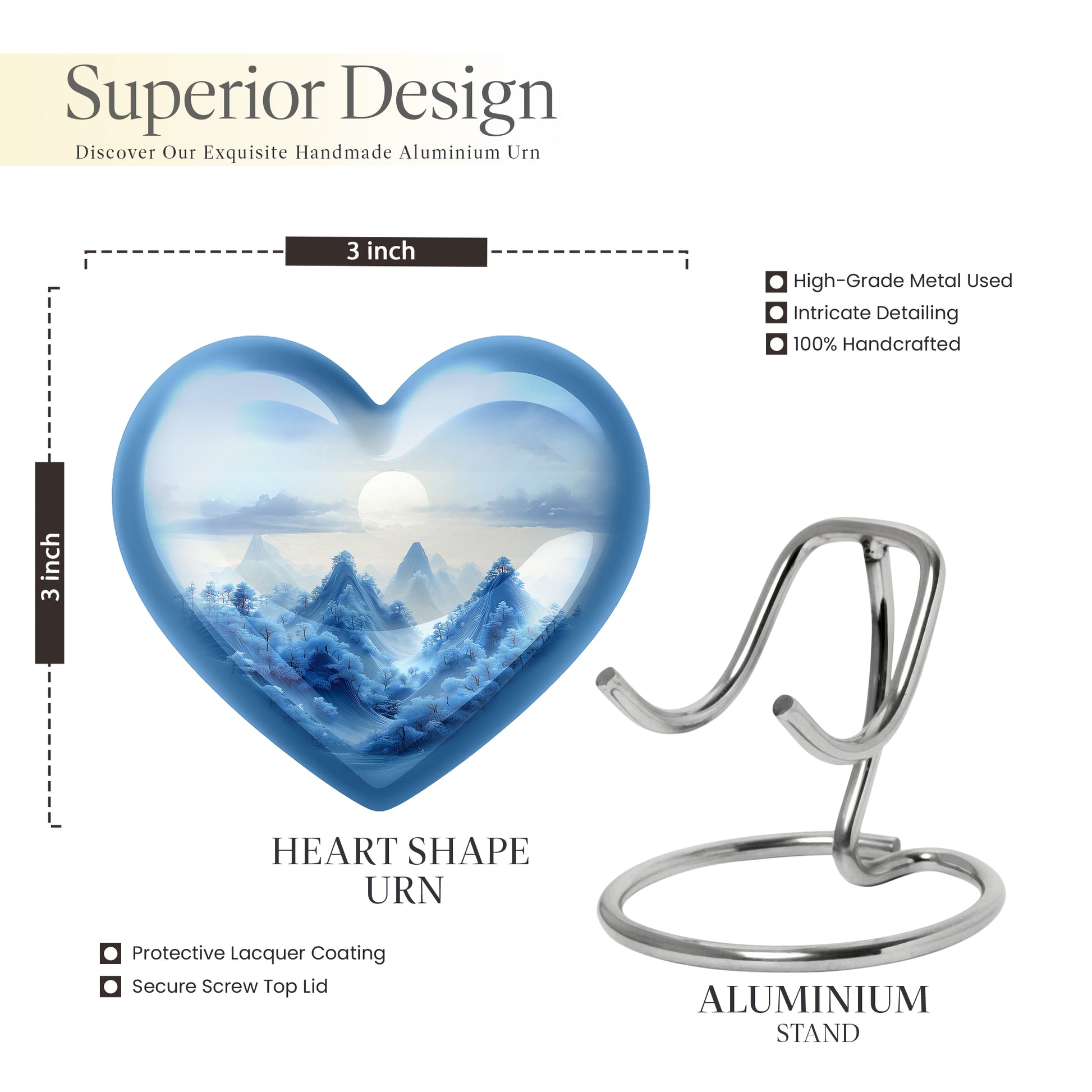Moonlight Silver Blue Cremation Urn front view showing detailed design - compassionate heart-blue combination with gentle curves - mini keepsake memorial for portion of cremation ashes