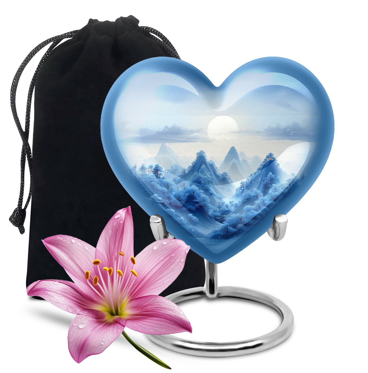 Polished Silver Blue Cremation Urn detail view - compassionate heart-blue combination with gentle curves - full-size 10 inch 200 cubic inch adult cremation urn
