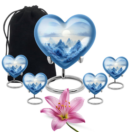 Frosted Silver Blue Cremation Urn close-up of engraving and surface detail - romantic heart urn with blue motif on aluminum - memorial set with one large and four small urns