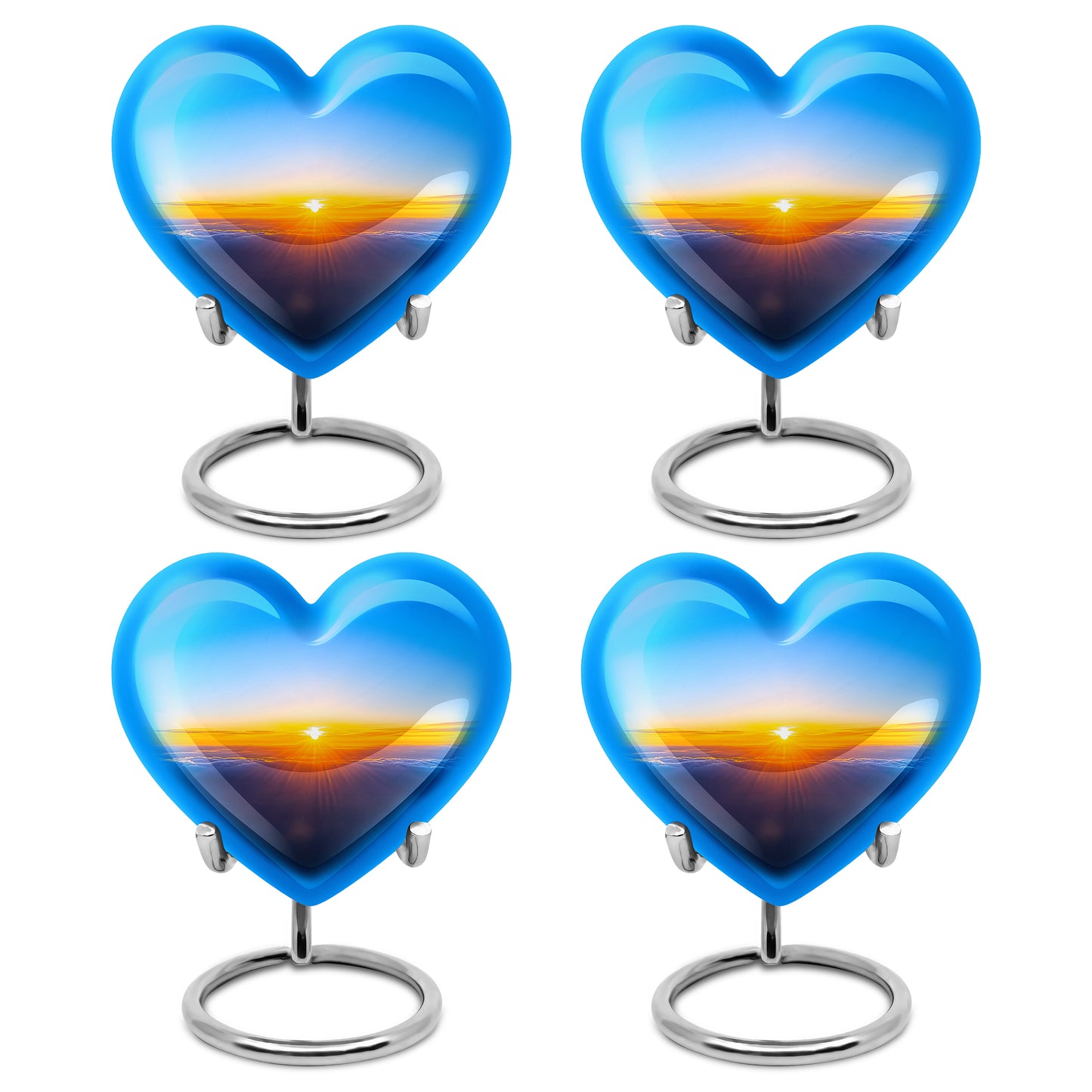 Steel Blue Blue Cremation Urn angled view of lid and engraved motif - compassionate heart-blue combination with gentle curves - 10 inch aluminum urn for cremated remains