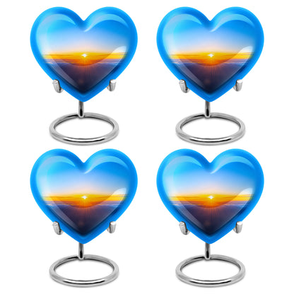 Steel Blue Blue Cremation Urn angled view of lid and engraved motif - compassionate heart-blue combination with gentle curves - 10 inch aluminum urn for cremated remains
