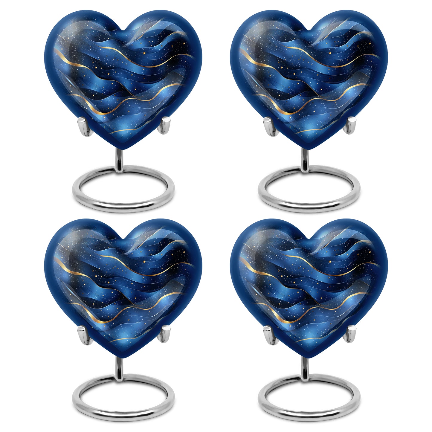 Bright Blue Blue Cremation Urn angled view of lid and engraved motif - compassionate heart-blue combination with gentle curves - 10 inch aluminum urn for cremated remains