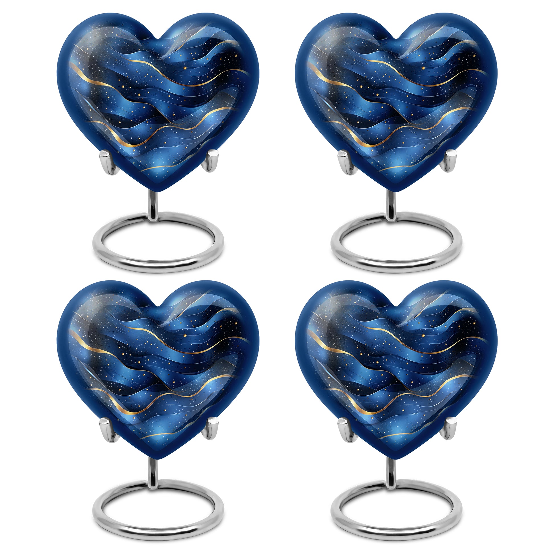 Bright Blue Blue Cremation Urn angled view of lid and engraved motif - compassionate heart-blue combination with gentle curves - 10 inch aluminum urn for cremated remains
