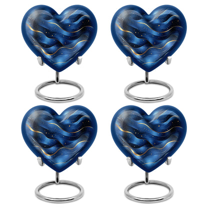 Bright Blue Blue Cremation Urn angled view of lid and engraved motif - compassionate heart-blue combination with gentle curves - 10 inch aluminum urn for cremated remains