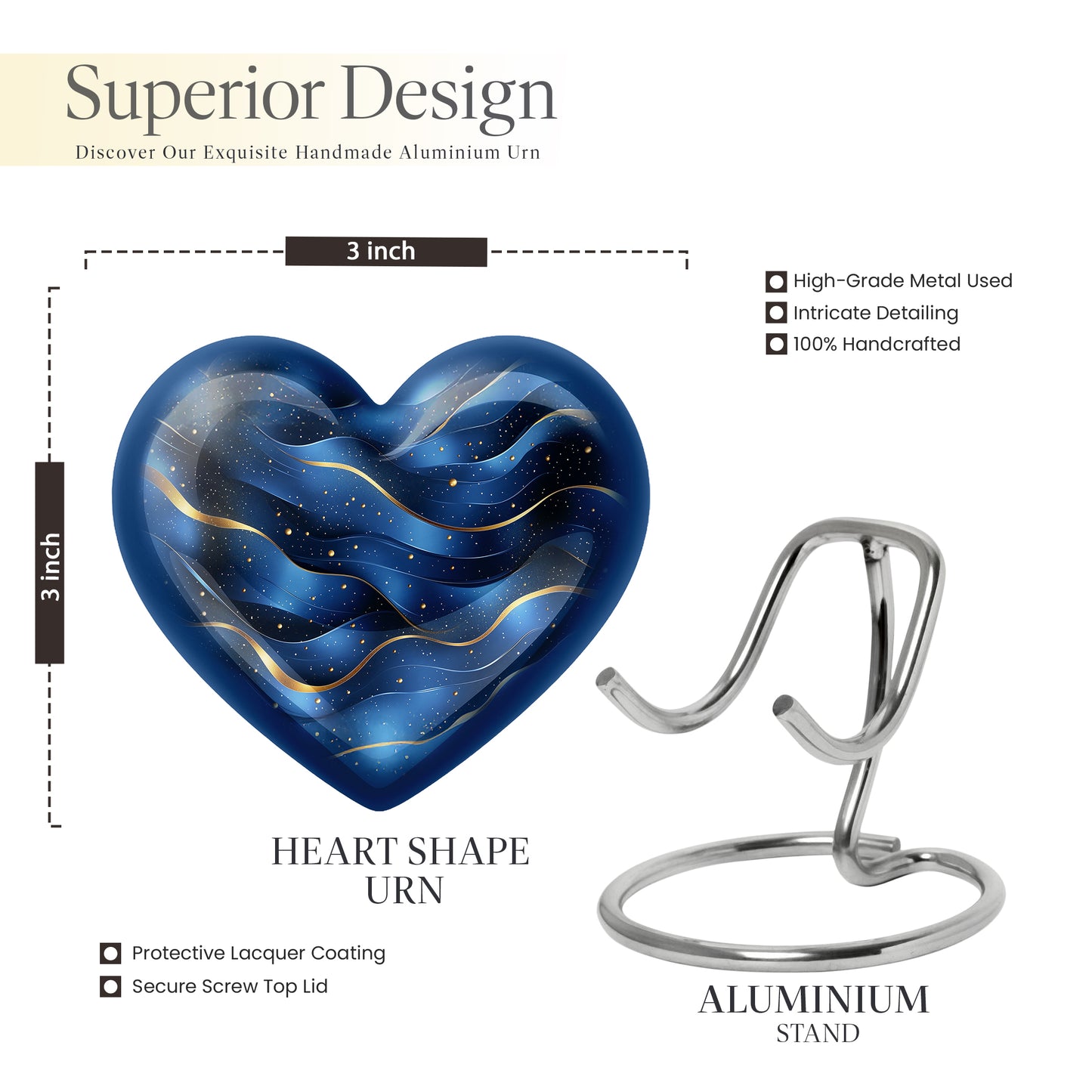 Dusty Blue Blue Cremation Urn front view showing detailed design - heart-shaped blue design symbolizing eternal love - mini keepsake memorial for portion of cremation ashes